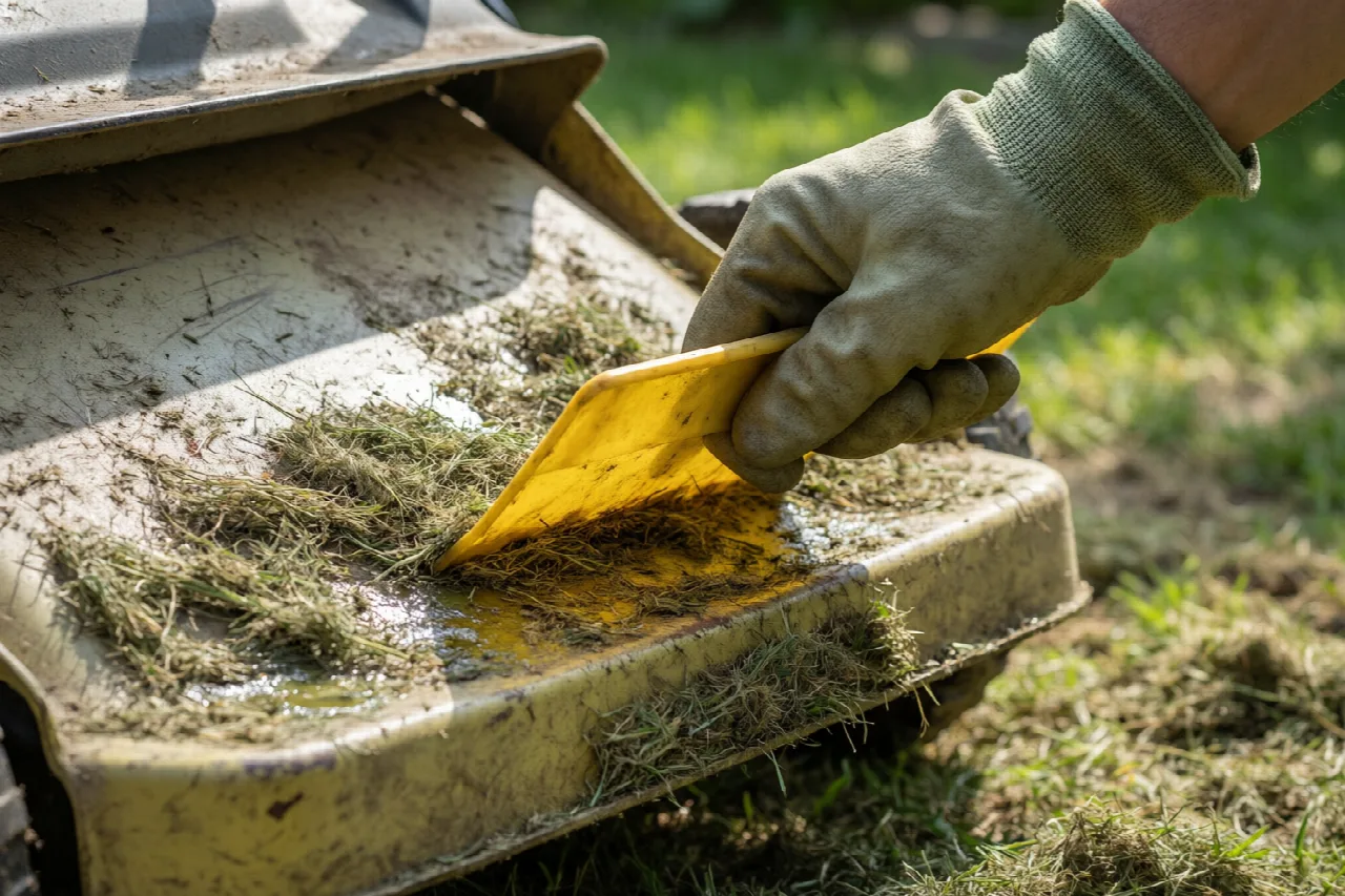 Hand using a plastic scraper to remove dried grass from a mower deck
