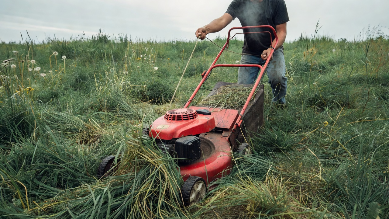 Person pulling the starter rope of a push lawn mower that will not start on an overgrown lawn