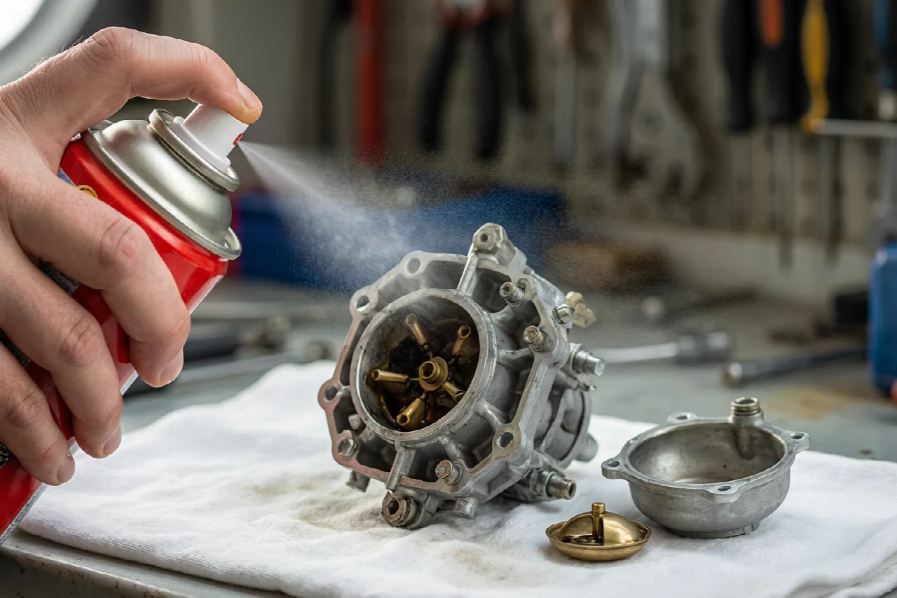 How to Clean the Carburetor on a Briggs and Stratton Lawn Mower Spraying carburetor cleaner through the jets of a disassembled lawn mower carburetor