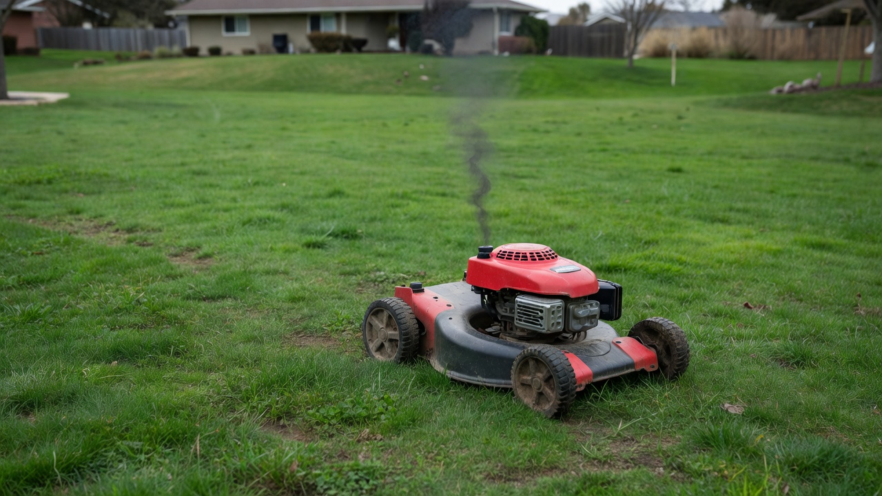 Honda lawn mower emitting dark exhaust smoke indicating a dirty carburetor
