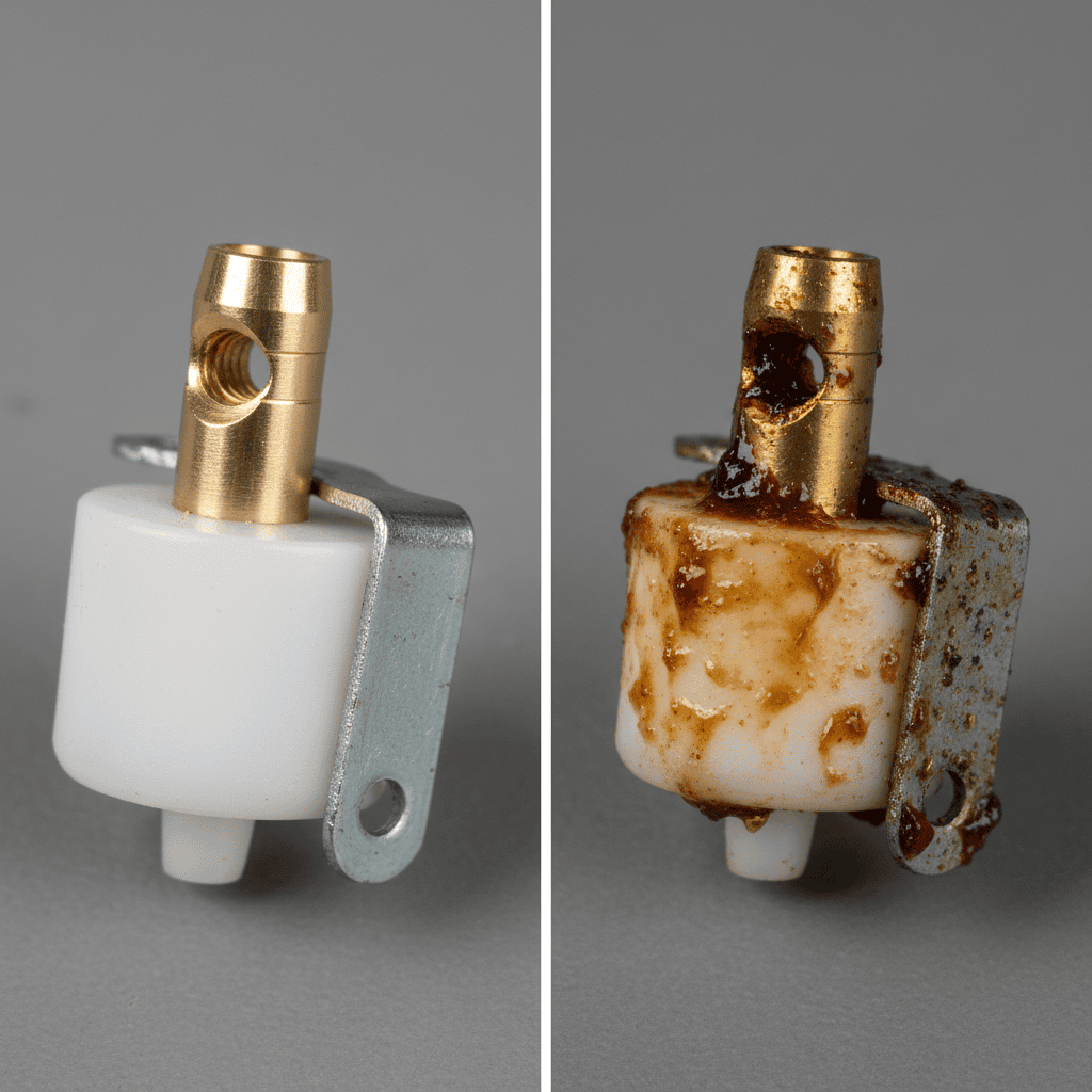 Side-by-side comparison of a clean carburetor part versus one with varnish buildup.