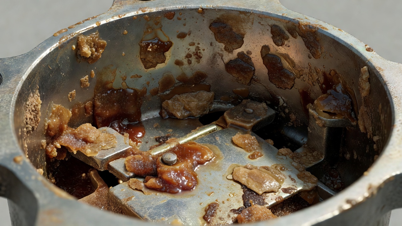 How to Clean a Carburetor in a Lawn Mower: Step-by-Step Guide Close-up of varnish deposits inside a lawn mower carburetor float bowl