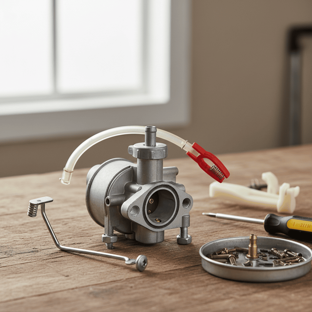 Disassembled lawn mower carburetor on a workbench with tools and a parts tray