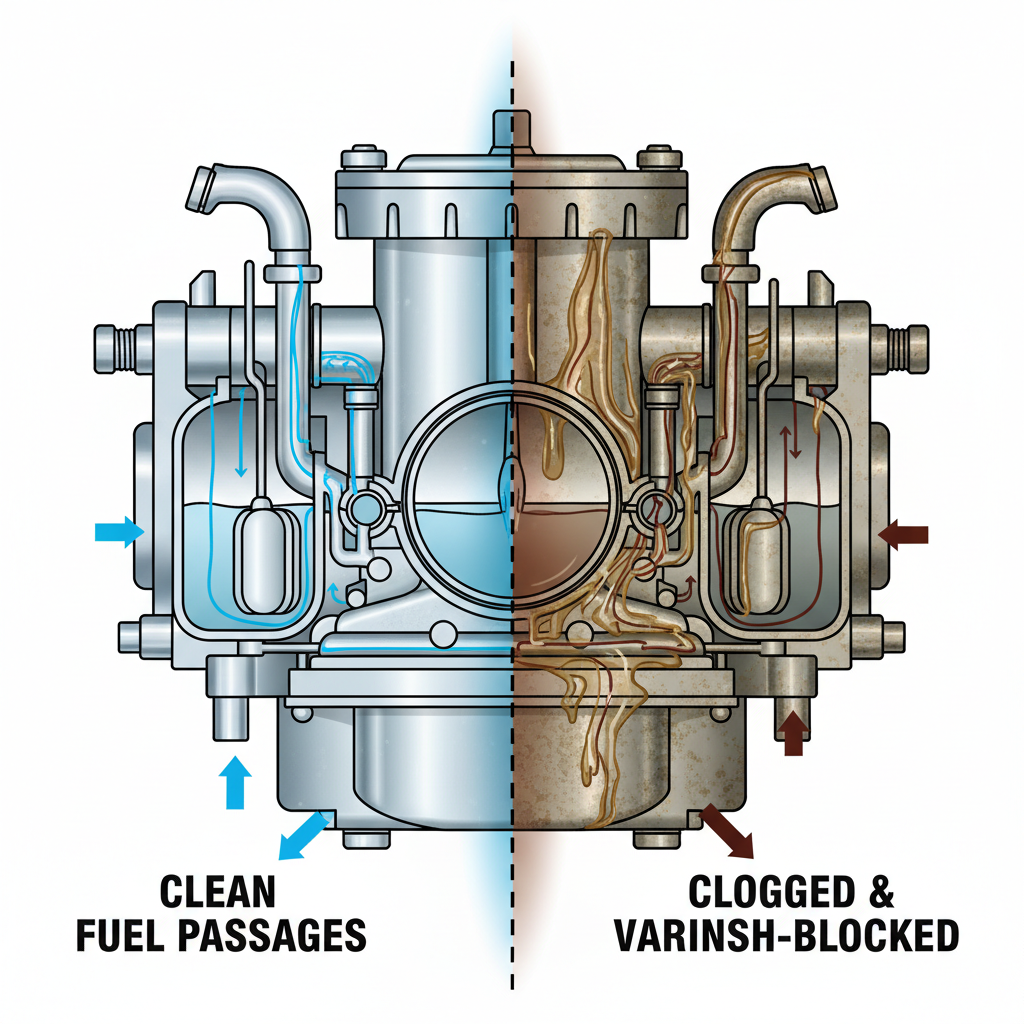 Why Your Lawn Mower Carburetor Needs Cleaning Cross-section of carburetor showing clean versus clogged fuel passages