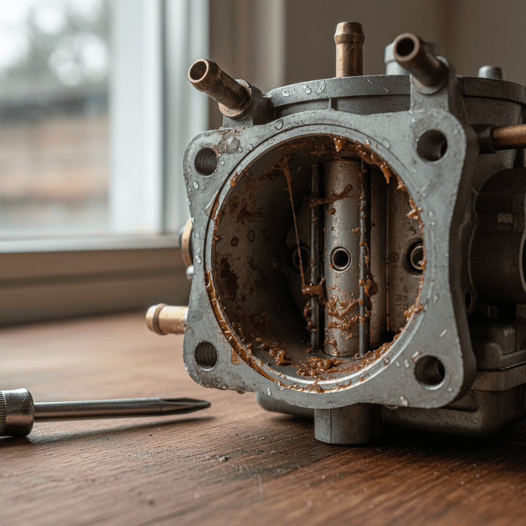 Opened carburetor float bowl with gum and varnish deposits inside