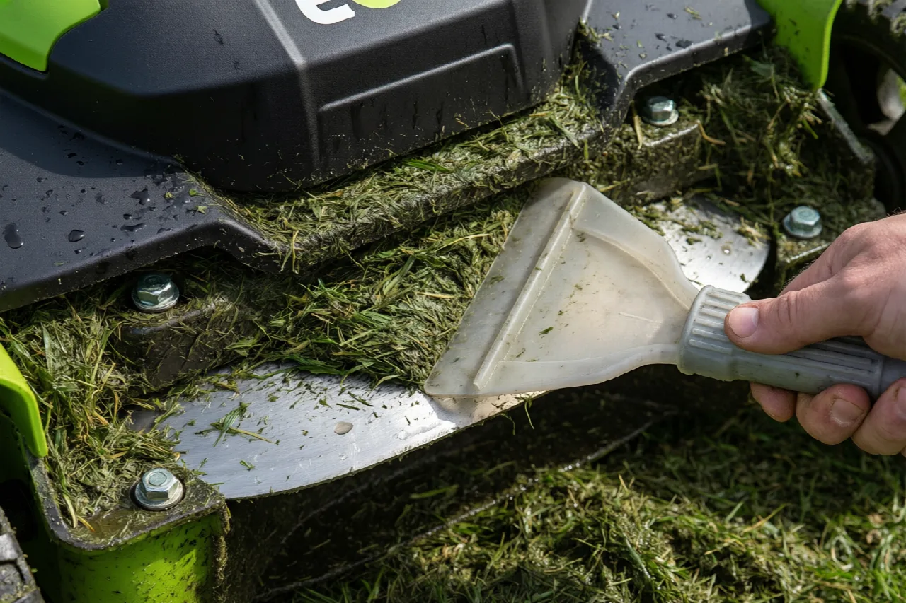 Scraping grass clippings from the underside of an EGO mower deck.
