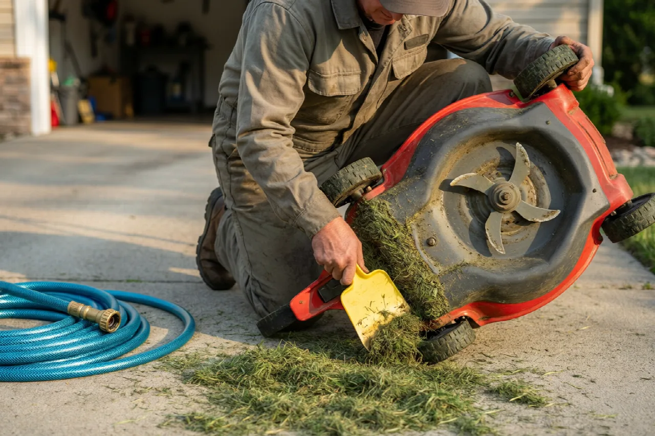 Tilting an electric mower to scrape grass debris from the underside of the deck.