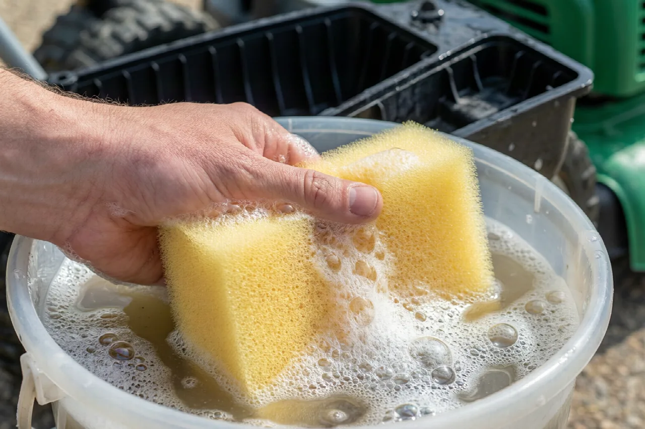 Washing a foam lawn mower air filter in a bucket of soapy water