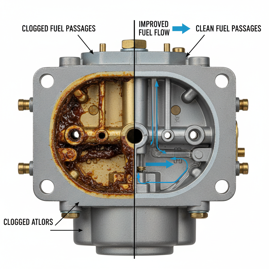 Cutaway comparison of clogged versus clean carburetor fuel passages