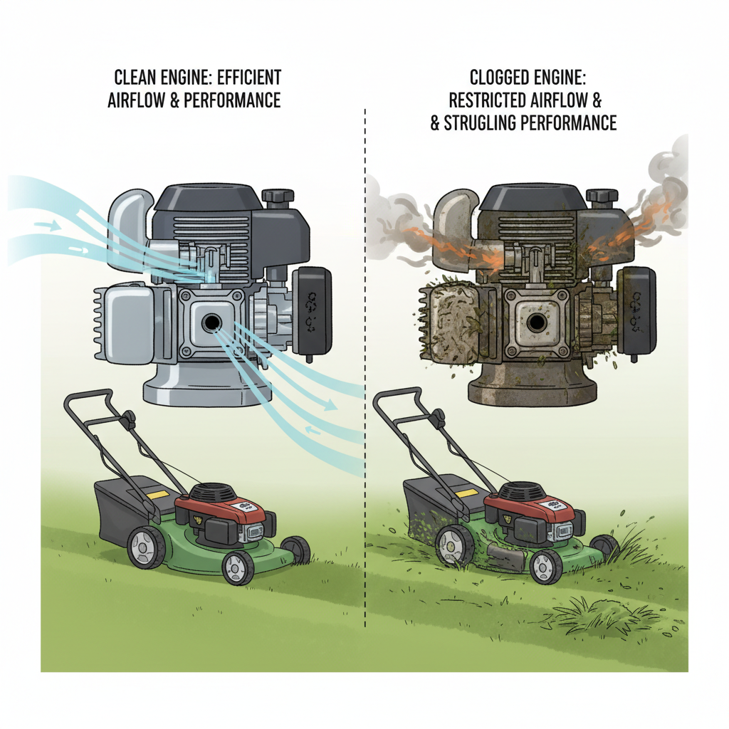 Why Regular Air Filter Cleaning Matters for Your Lawn Mower Side-by-side comparison of clean versus clogged lawn mower engine performance