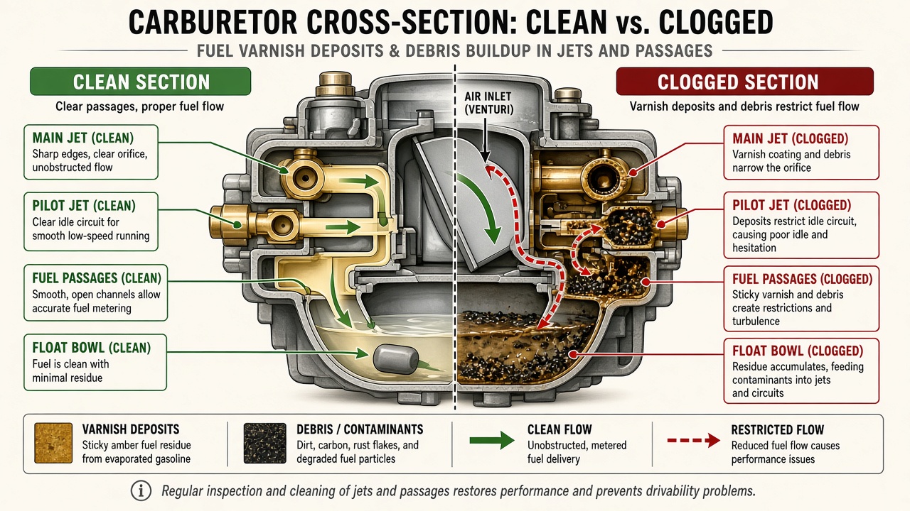 Why Your Lawn Mower Carburetor Needs Cleaning Cross-section diagram of carburetor showing varnish buildup in jets and fuel passages