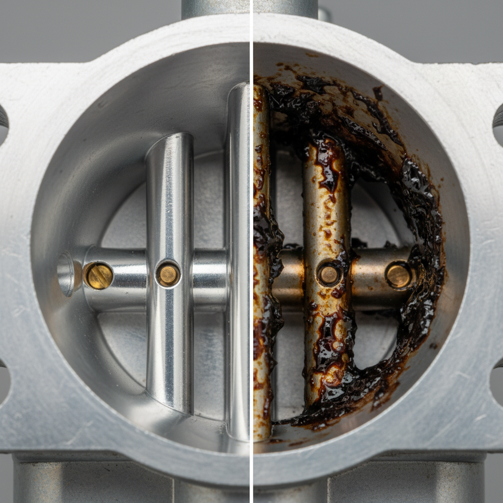 Side-by-side comparison of a clean carburetor fuel passage versus one clogged with varnish deposits.