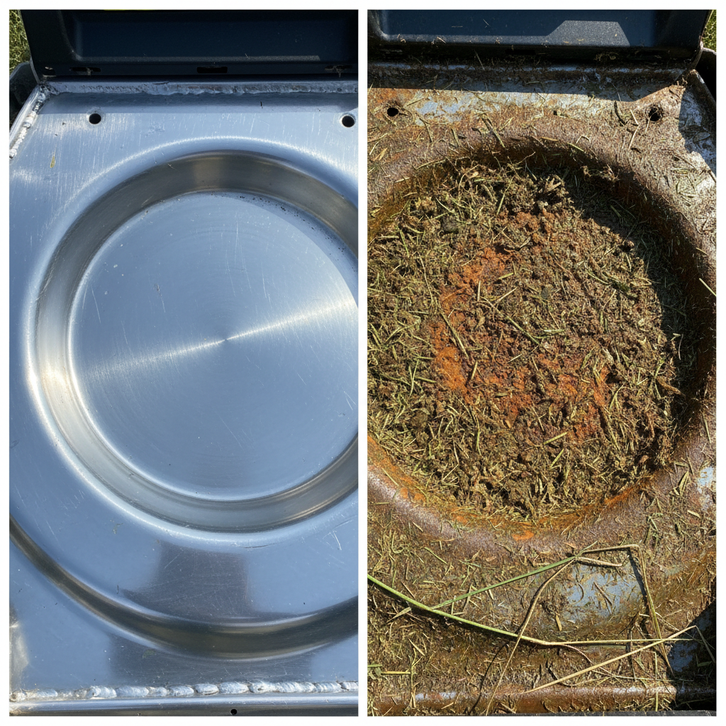 Clean versus dirty lawn mower deck comparison