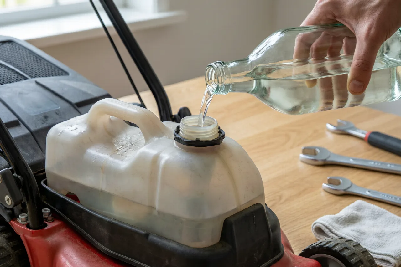 Pouring white vinegar into a lawn mower fuel tank to dissolve varnish and rust