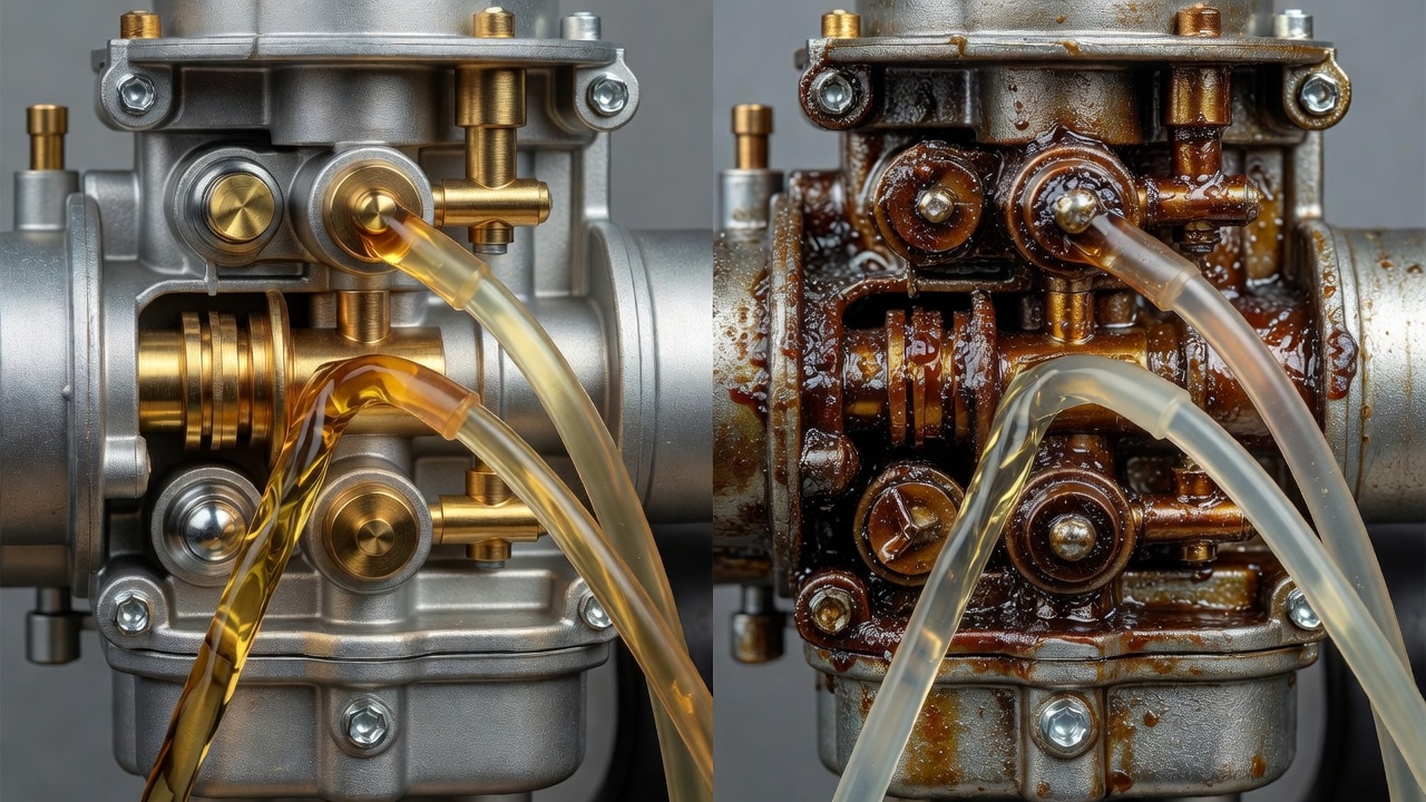 How Do You Clean a Lawn Mower Gas Tank? (Step-by-Step Guide) Before and after carburetor comparison showing varnish damage
