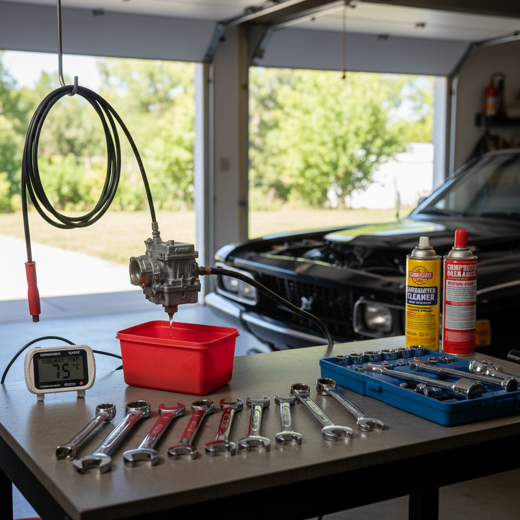 Organized workbench setup with carburetor cleaning tools, fuel drain container, and safety equipment