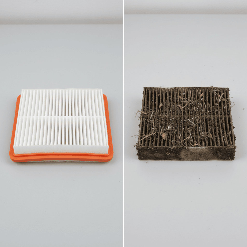 Side-by-side comparison of a clean and a dirty lawn mower air filter