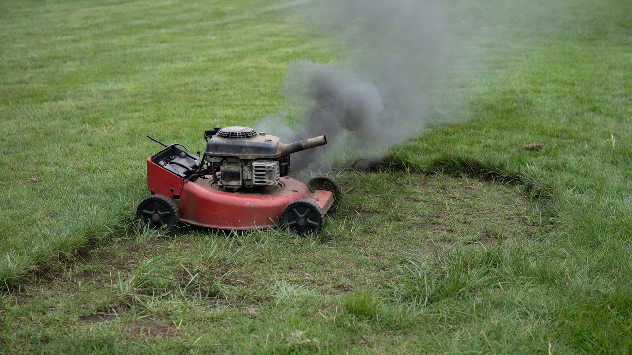 Lawn mower stalled on a partially cut lawn with dark exhaust smoke indicating carburetor problems