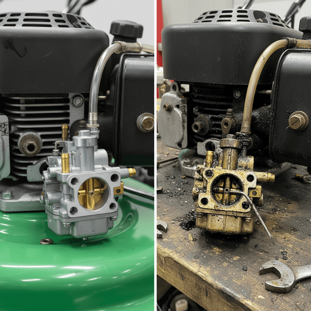 How Do You Clean a Lawn Mower Carburetor? (Step-by-Step Guide) Comparison of a clean versus a dirty, varnished lawn mower carburetor.
