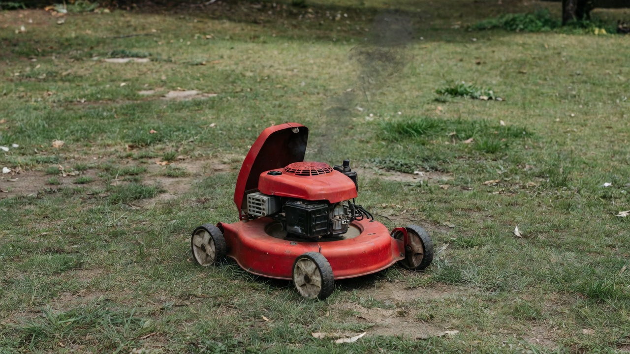 Push lawn mower emitting dark exhaust smoke indicating a dirty carburetor