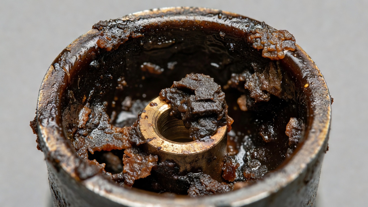 How Do You Clean the Carburetor on a Riding Lawn Mower? (Step-by-Step Guide) Close-up of varnish and fuel deposit buildup inside a carburetor bowl