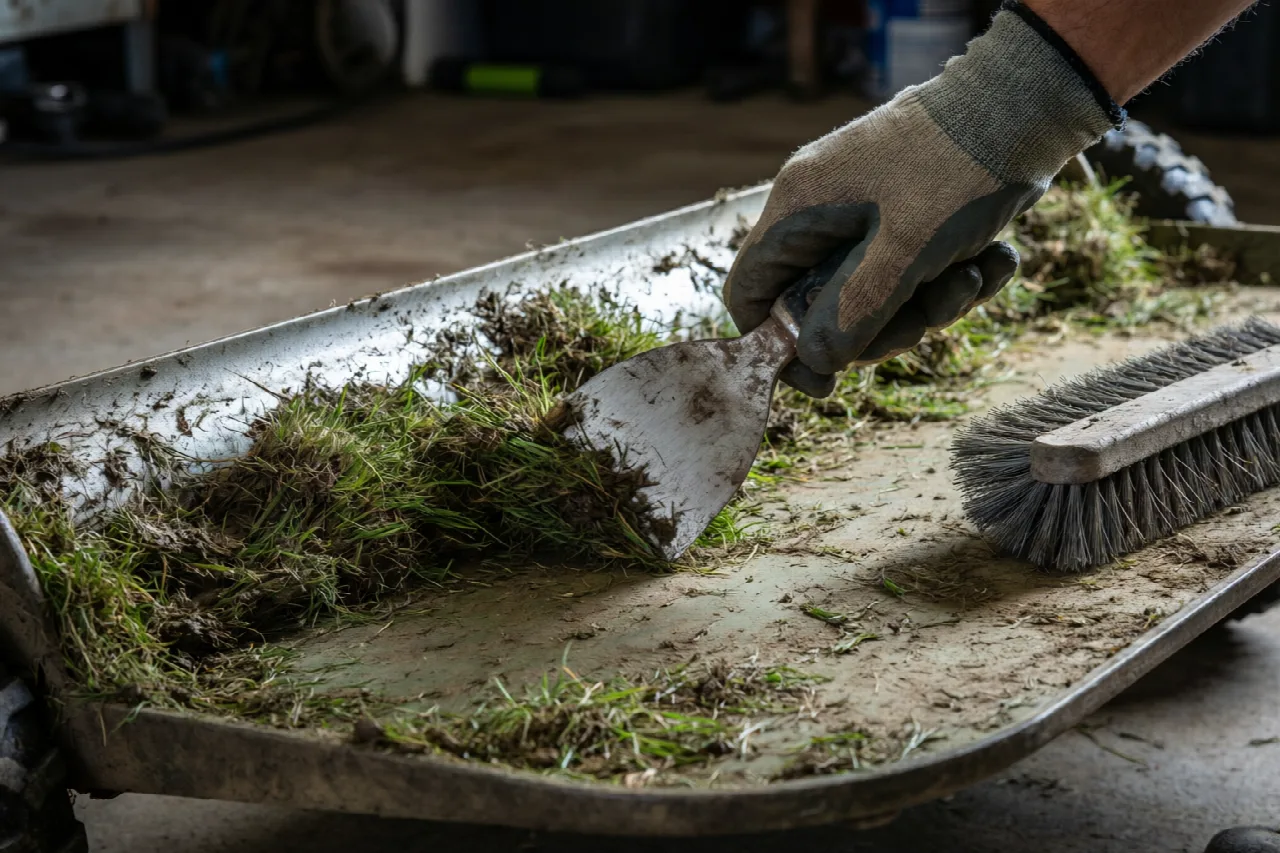 Gloved hand scraping thick grass from the underside of a lawn mower deck