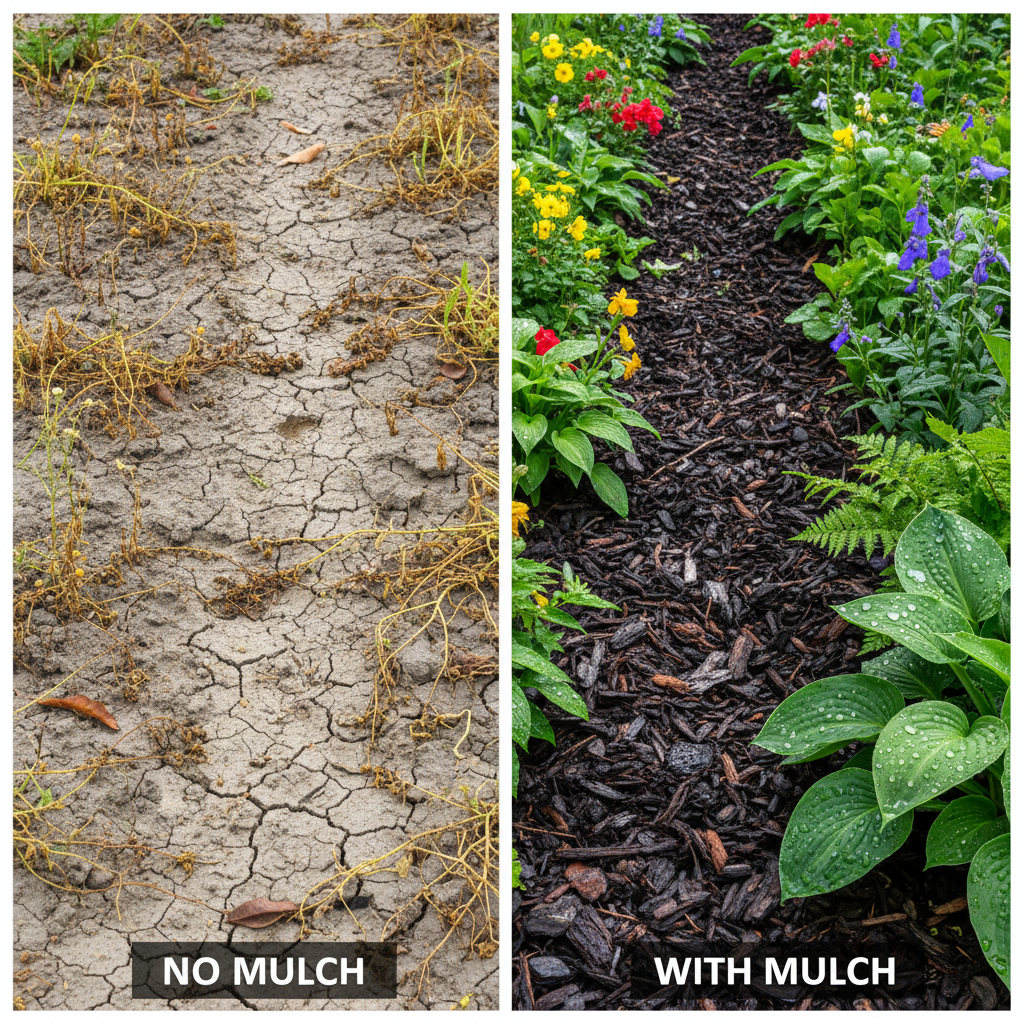 Before and after comparison of a garden bed with and without mulch