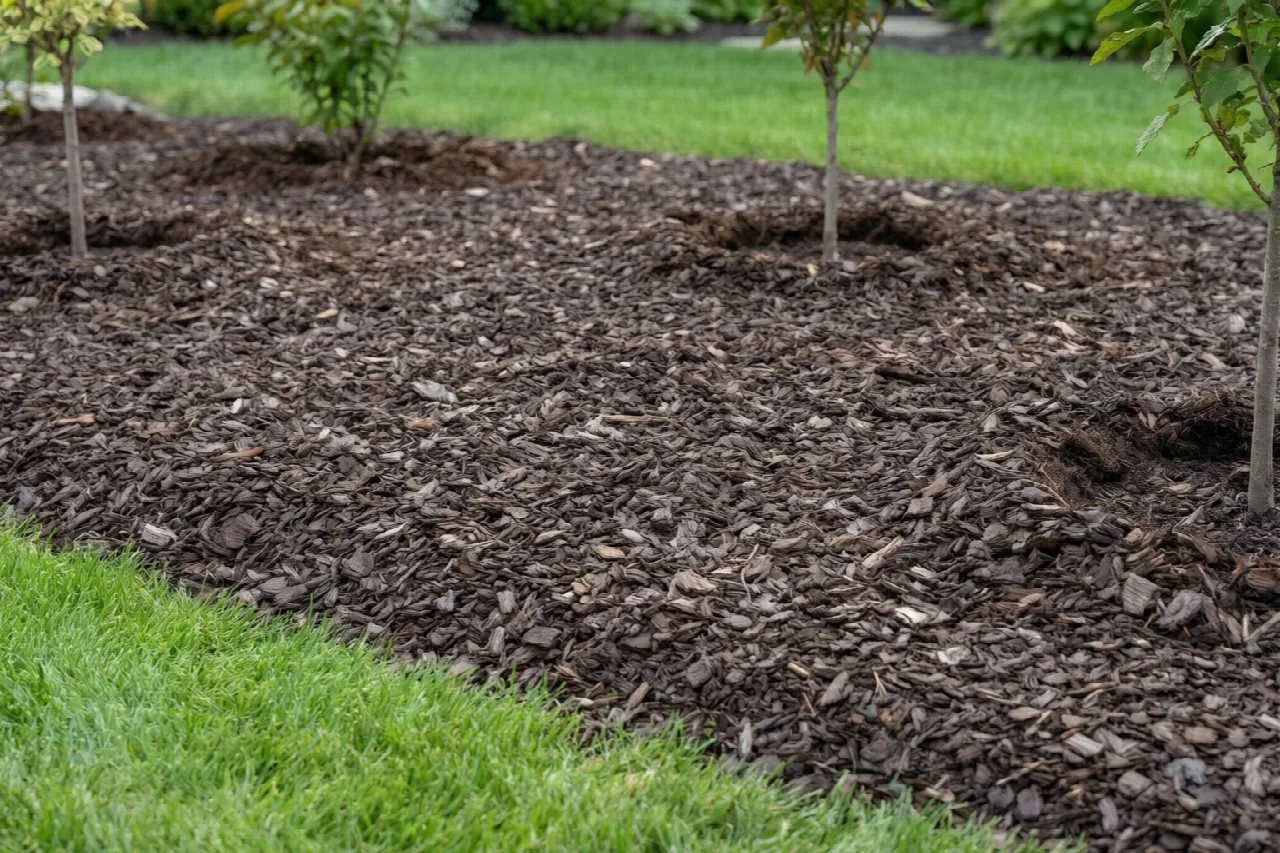 Completed mulch bed showing proper application depth and clean border separation from lawn