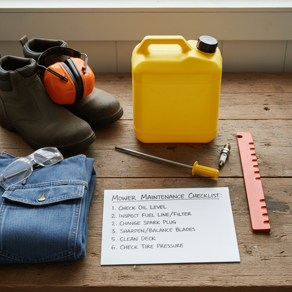 Pre-mowing inspection checklist items including fuel, oil, safety gear, and maintenance tools arranged on a workbench