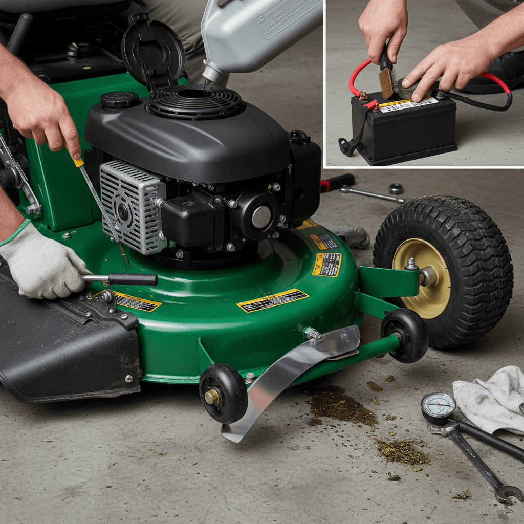 Pre-mowing maintenance checks including fuel, oil, blades, tires, and battery inspection