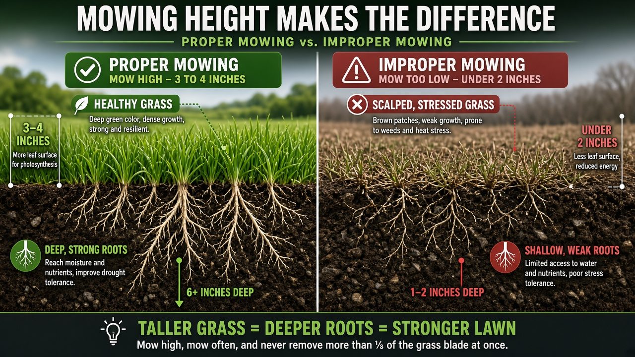 What You Need to Know Before Mowing Comparison of healthy grass versus scalped grass showing root depth and color differences