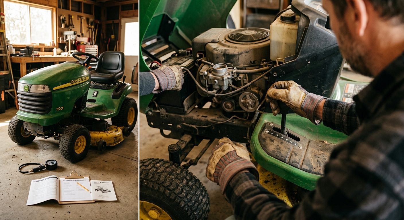 How to Cut Grass with a Riding Lawn Mower: A Complete Step-by-Step Guide Hands in work gloves adjusting the cutting-height lever of a riding lawn mower during a pre-mow safety check