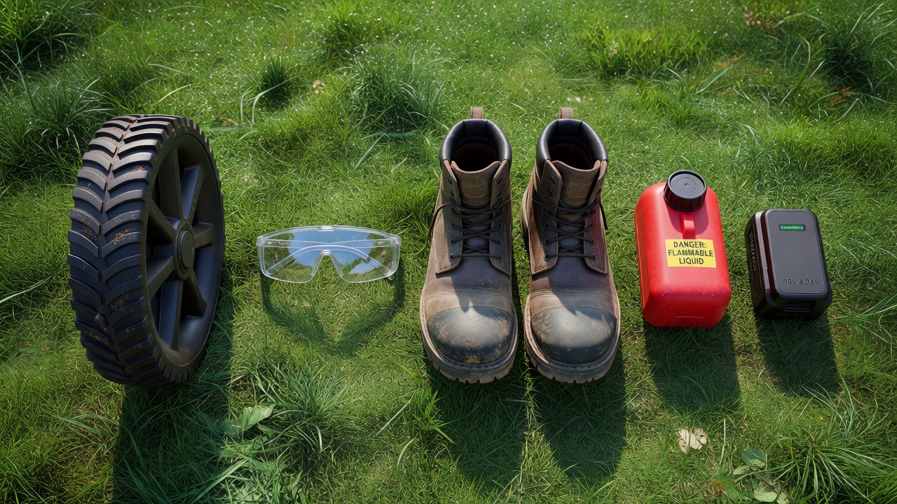 Pre-mowing safety gear and equipment laid out on grass beside a push mower wheel
