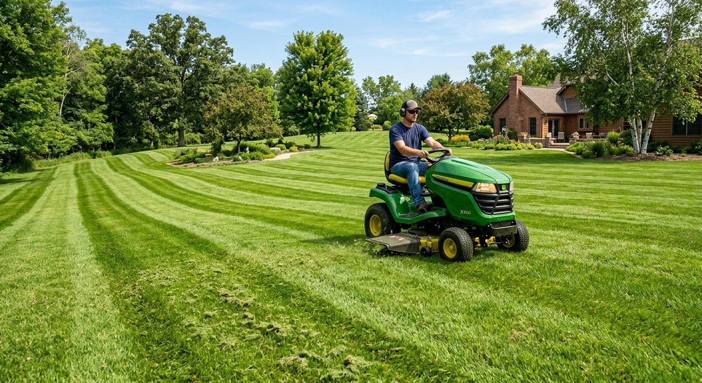 How to Cut Grass with a Riding Mower? (Step-by-Step Guide) Riding mower cutting a large backyard lawn with fresh stripes in the grass