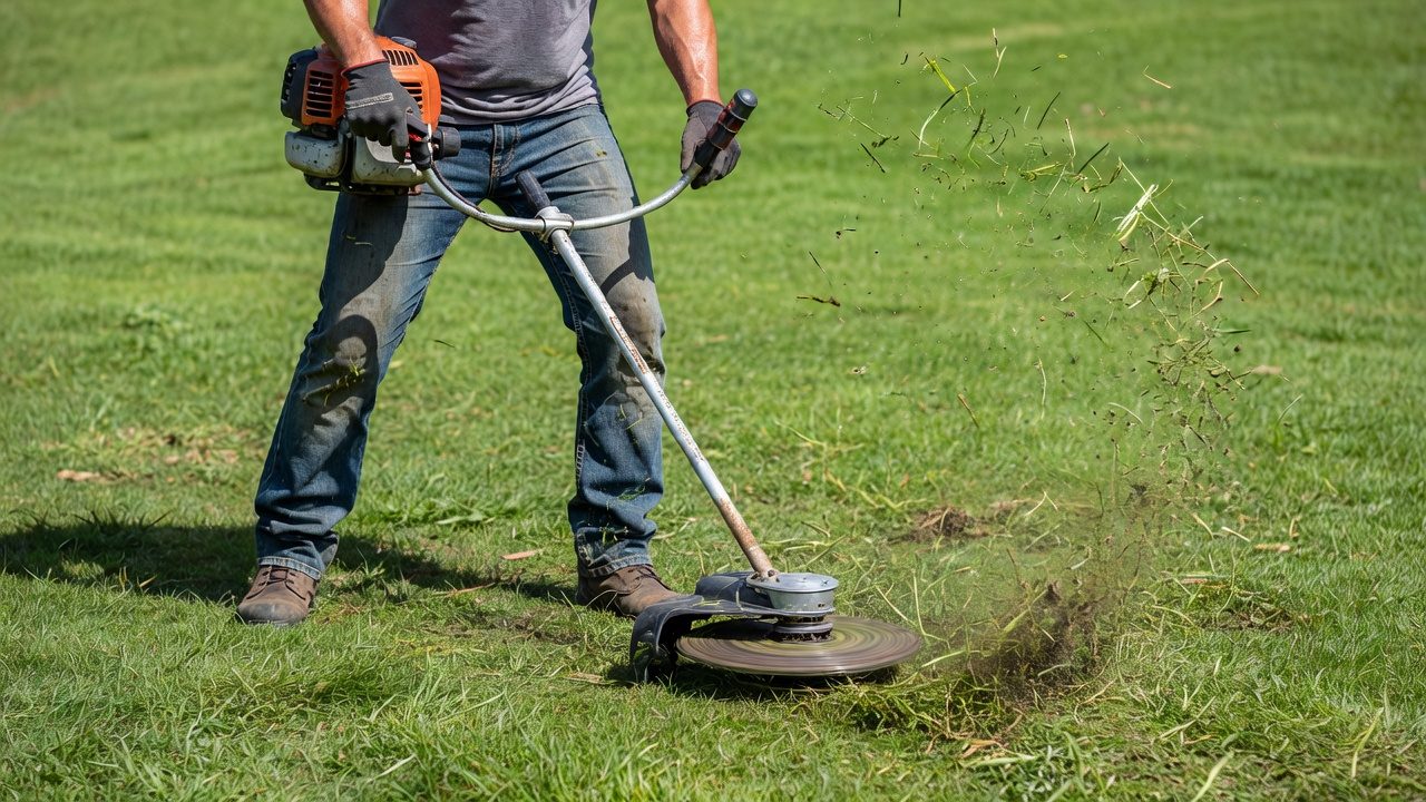 Person using a string trimmer on residential lawn demonstrating proper cutting technique