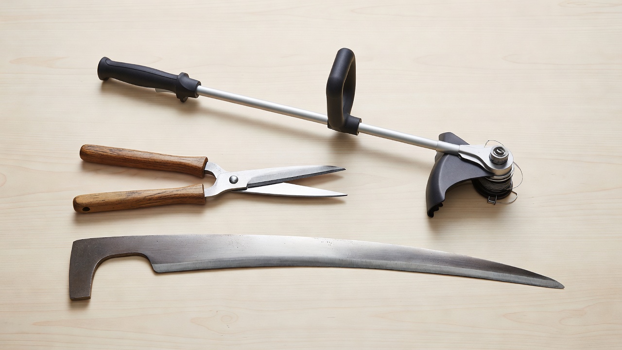 Various manual lawn cutting tools including grass shears, a string trimmer, and a scythe arranged on a wooden surface.