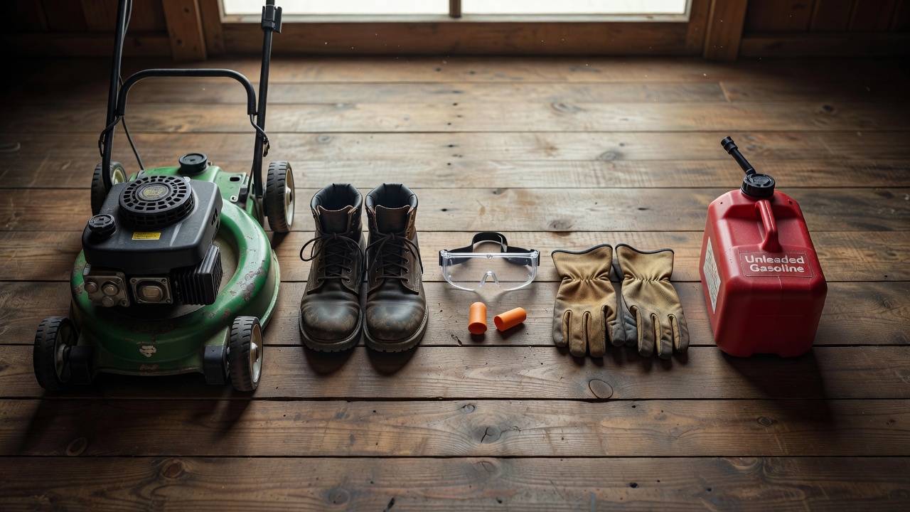 Overhead flat-lay of lawn mower safety equipment including steel-toe boots, safety goggles, earplugs, and gloves arranged on a garage floor