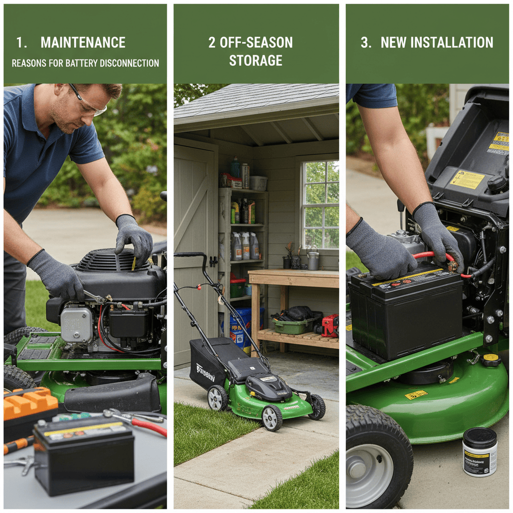 How Do You Safely Disconnect a Lawn Mower Battery? (Step-by-Step Guide) Illustrations showing lawn mower maintenance, storage, and battery replacement.