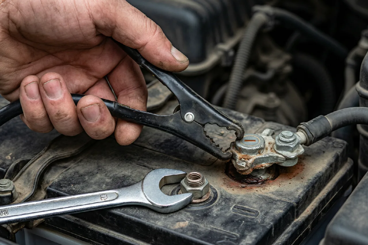 How to Disconnect a Lawn Mower Battery Safely Removing the negative cable from lawn mower battery terminal.