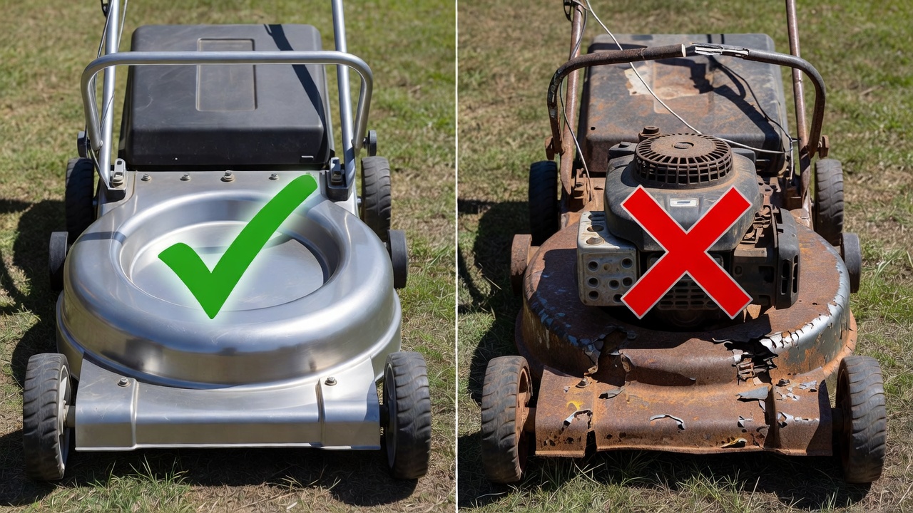Side-by-side comparison of a working lawn mower and a broken lawn mower showing condition assessment criteria