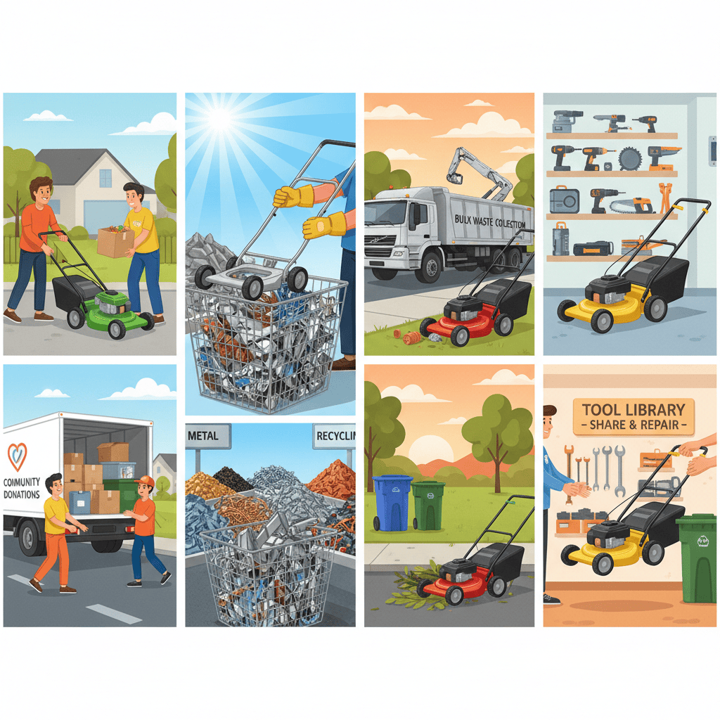 Four methods of free lawn mower disposal: donation, scrap metal recycling, bulk collection, and tool library sharing