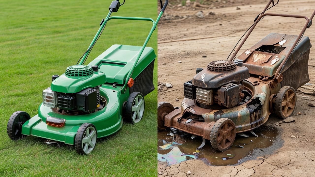 Side-by-side comparison of working versus damaged lawn mower conditions