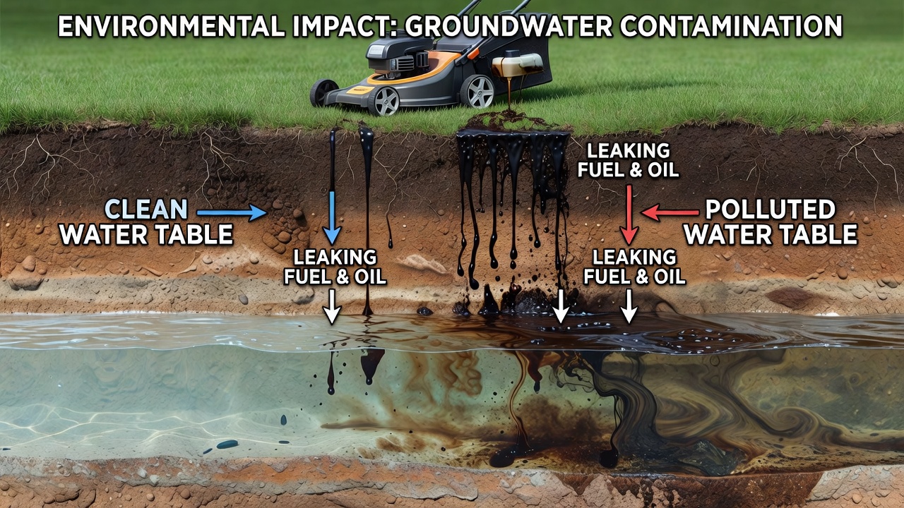 Illustration showing how improper lawn mower disposal contaminates groundwater