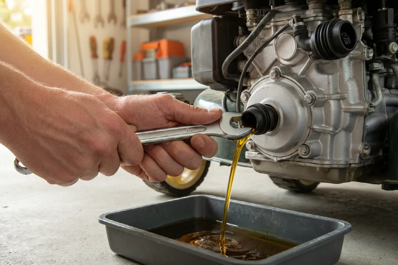 Hand loosening the drain plug on a lawn mower engine with a drain pan below