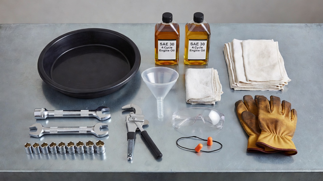 Complete set of tools and supplies needed for lawn mower oil change