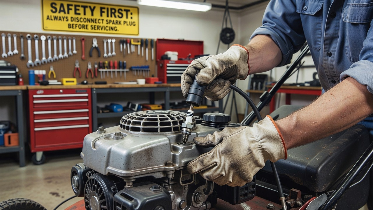 Disconnecting the spark plug wire from a lawn mower for safety.