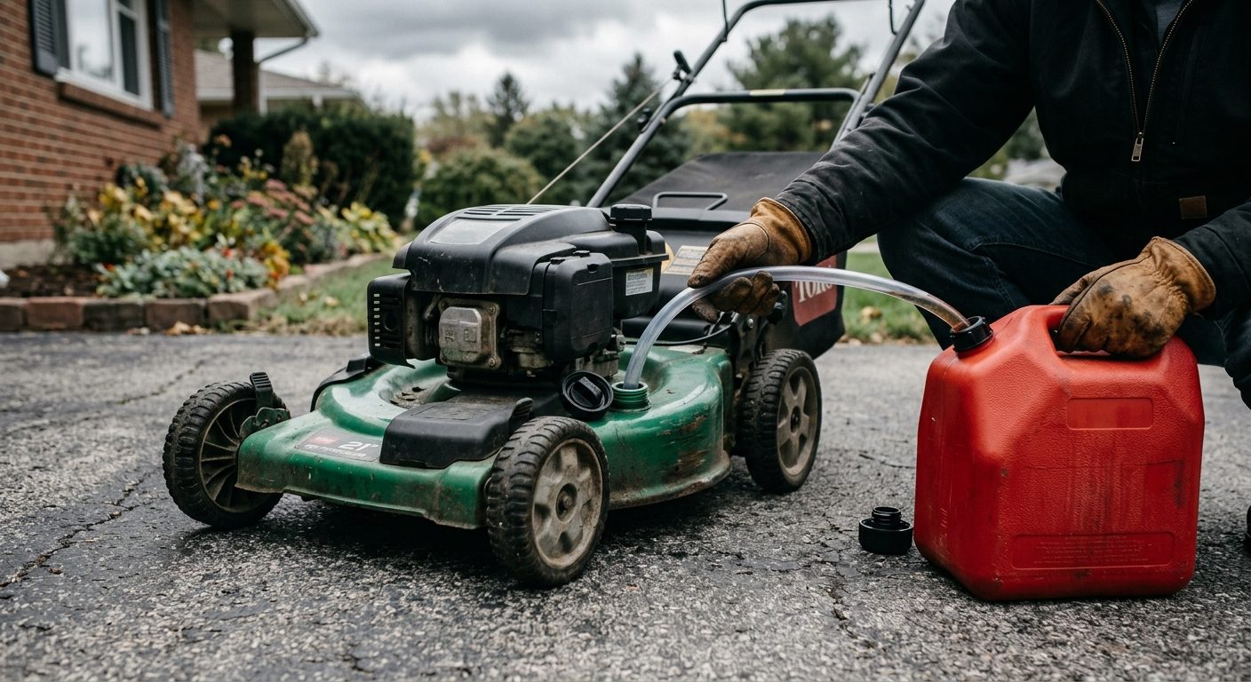 Open fuel tank of a lawn mower with a siphon hose draining gas into a red can