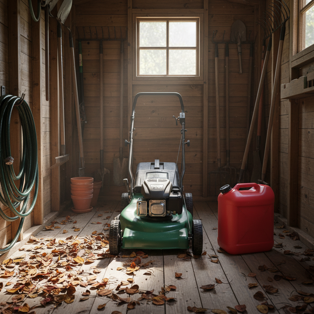 Push lawn mower stored in a shed next to a red fuel container, evoking end-of-season storage