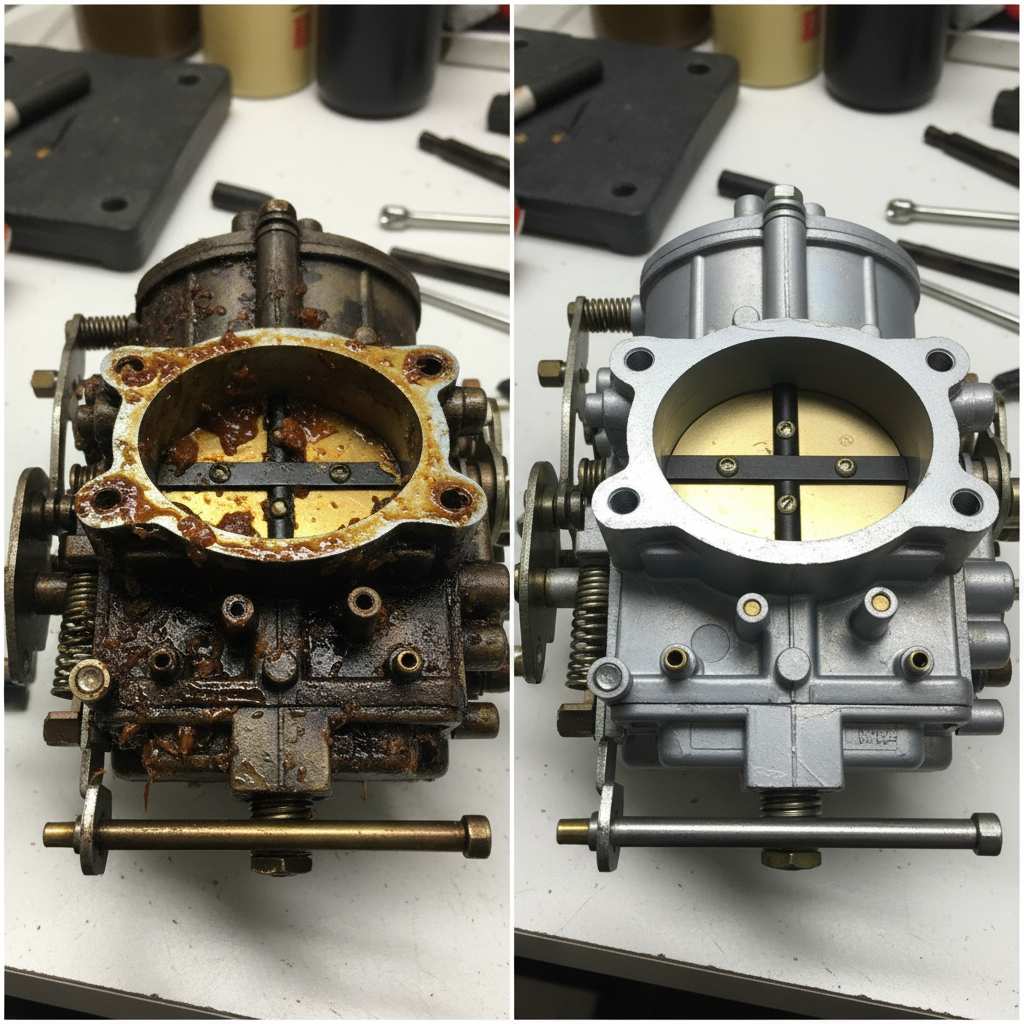 Comparison of a clogged carburetor damaged by stale fuel versus a clean, functional carburetor