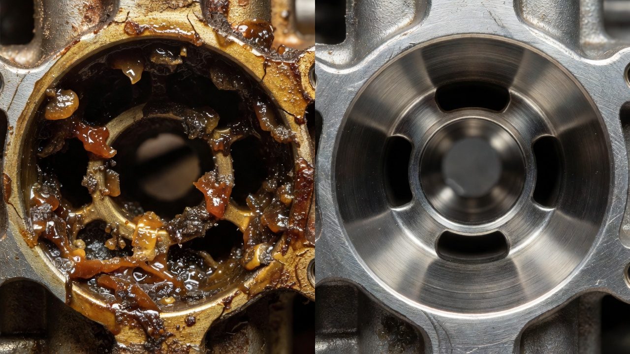 Why You Need to Drain Your Lawn Mower’s Gas Tank Comparison of clogged versus clean carburetor from fuel degradation